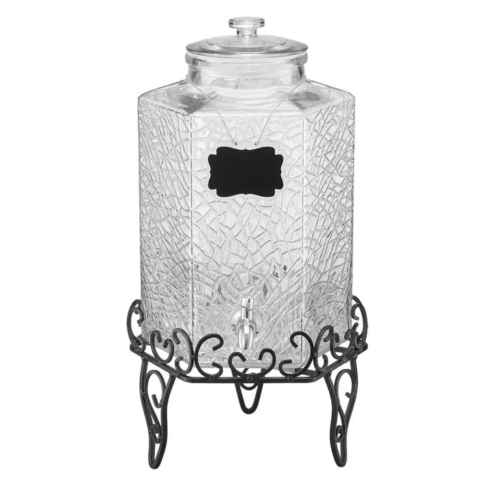 2.5 Gal Beverage Dispenser, for Parties, Glass Juice Dispenser with Metal Stand, Stainless Steel Spigot