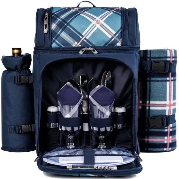 2 Person Picnic Backpack with Detachable Bottle, Wine Holder, Fleece Blanket, Plates and Cutlery Set, Blue