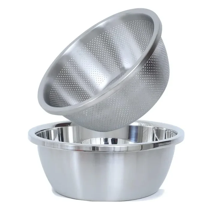2-Piece 2 qt. Stainless Steel Microporous Colander with Mixing Bowl for Washing Vegetables, Fruit and Rice