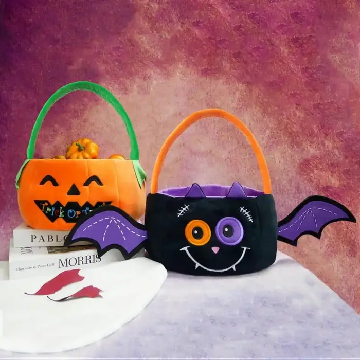 2-Piece Reusable Grocery Bag Halloween Plush Trick or Treat Bags with Pumpkin and Bat for Kids