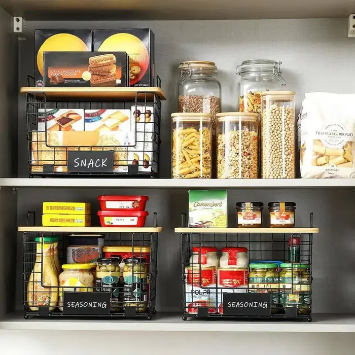 2-Piece Stackable Wire Baskets with Bamboo Tops, Pantry Organizer and Storage Bins, Kitchen Counter Cabinet Shelf