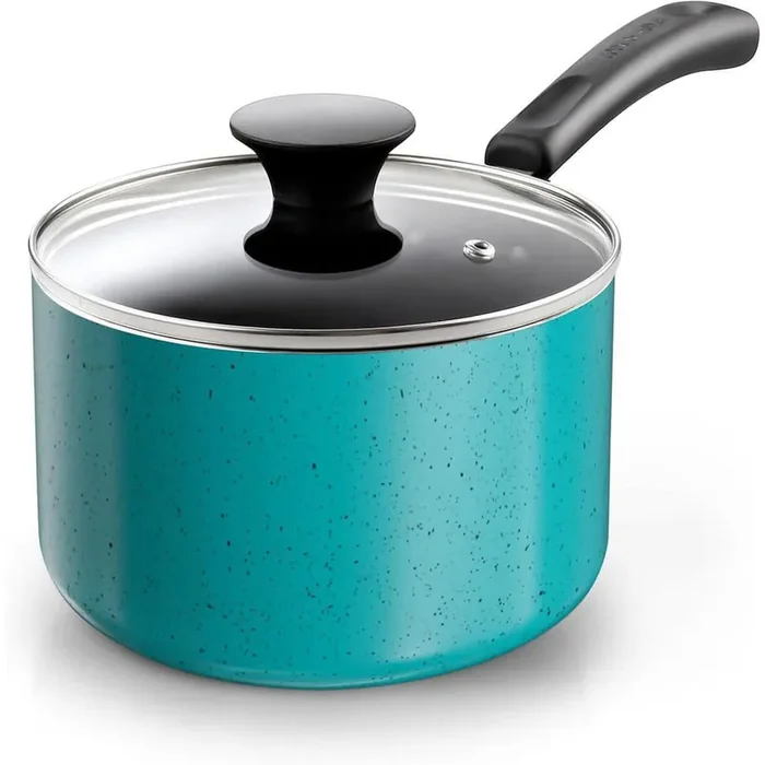 2 qt. Aluminum Nonstick Sauce Pan with Glass Lid, Small Multi-purpose Pot, Milk Chocolate Cooking Pot, Turquoise