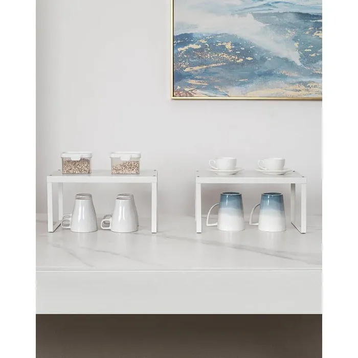 2-Shelf White Expandable Adjustable Stackable Space Saver Metal Shelf Organizer for Cabinet Pantry Countertop Storage