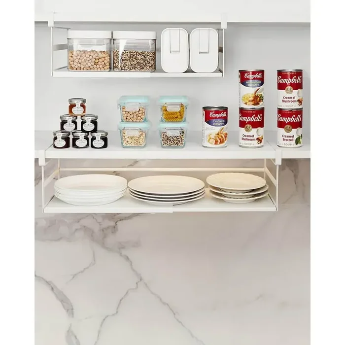 2-Shelf White Expandable Width Heavy-Duty Hanging Under Cabinet Shelf Storage Organizer Space Saver 2 Pack