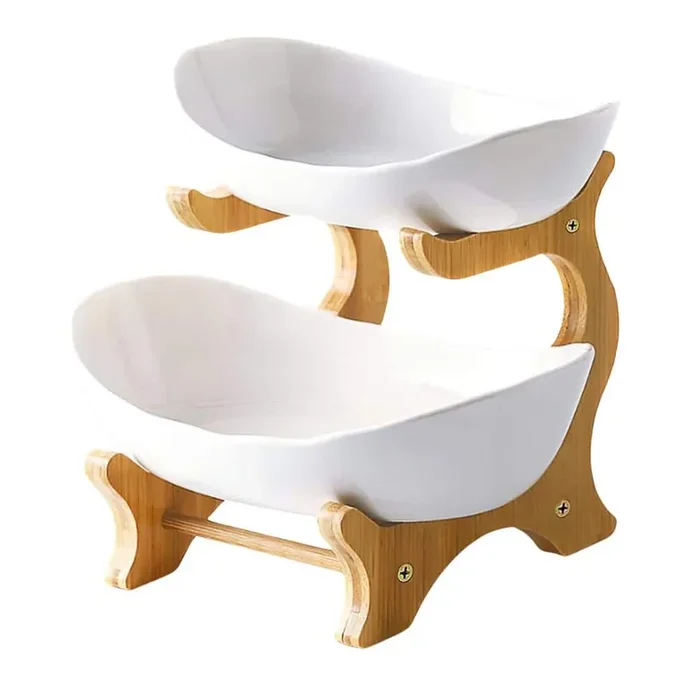 2-Tier Ceramic Fruit Bowl With Bamboo Wood Stand for Kitchen Counter for Vegetable Storage, Snack Dessert in White