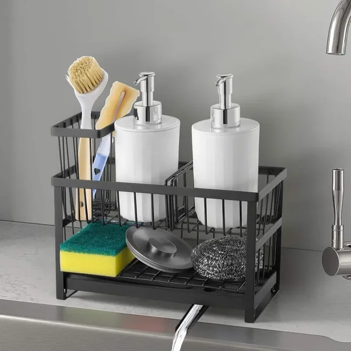 2-Tier Kitchen Sink Caddy Organizer, Sponge and Brush Holder w/ Divider, Rotating Drain Spout, Countertop Storage Rack