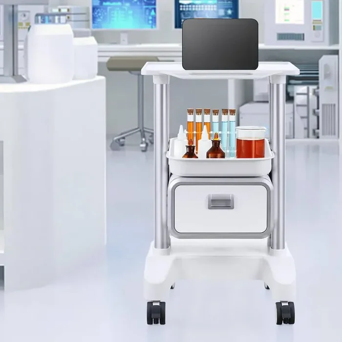 2-Tiers Lab Carts, White, Plastic, Kitchen Cart, with 1-Drawer and 1-Top Tray, Lab Rolling Cart, Mobile Medical Cart