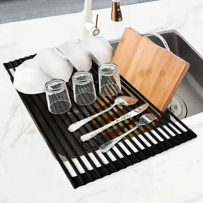 20.5 in. x 13 in. Silicone Black Over Sink Dish Rack, Foldable Anti-Slip Drainer, Roll Up Drying Mat for Kitchen Counter