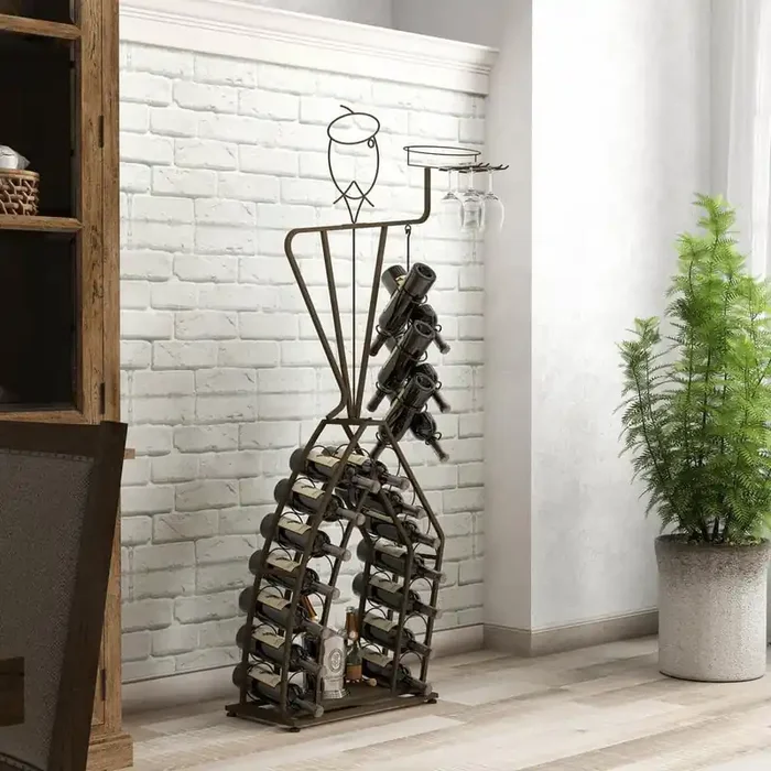 20-Bottle Antique Brown Unique Design Wine Bakers Rack Freestanding Wine Rack with Storage Bottle Wine Glass Holder