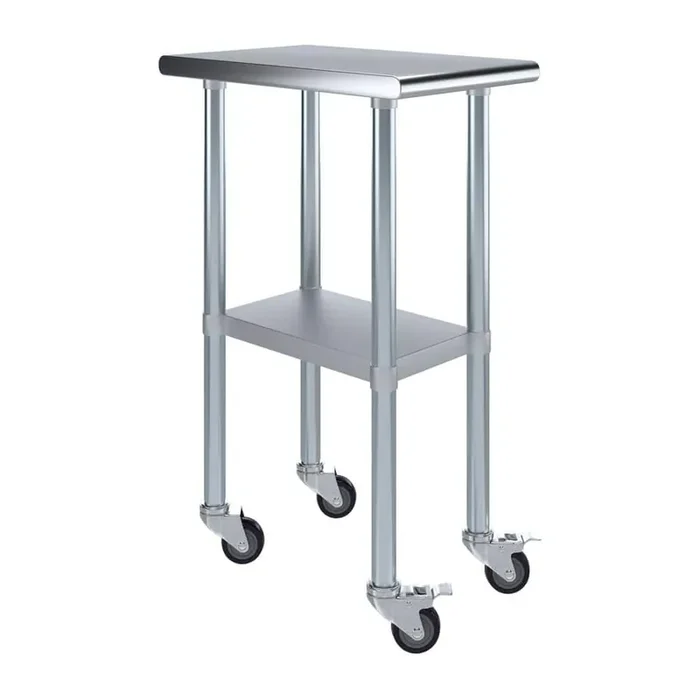 24 in. x 15 in. Stainless Steel Work Table with Casters Mobile Metal Kitchen Utility Table with Bottom Shelf