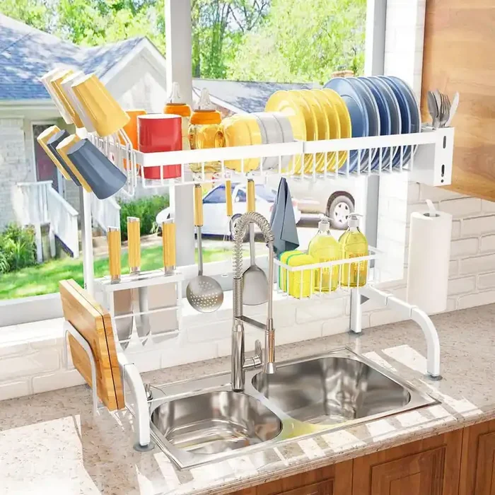 25.5 in. to 33.5 in. Adjustable Over The Sink Dish Drying Rack, 2-Tier White Metal Dish Rack with Hooks and Holders