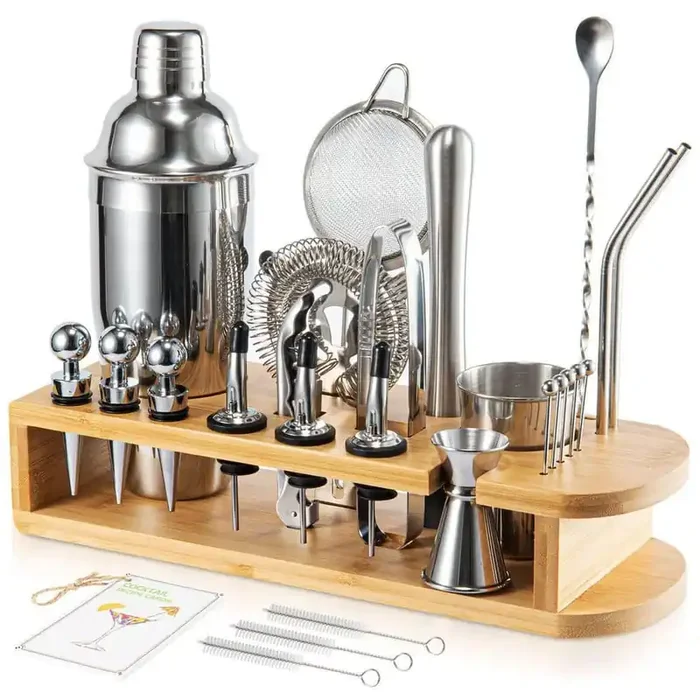 26-Piece Silver Cocktail Shaker Set with Bamboo Stand 1/0.5 oz. Jigger Mixology Bartender Kit for Home Party