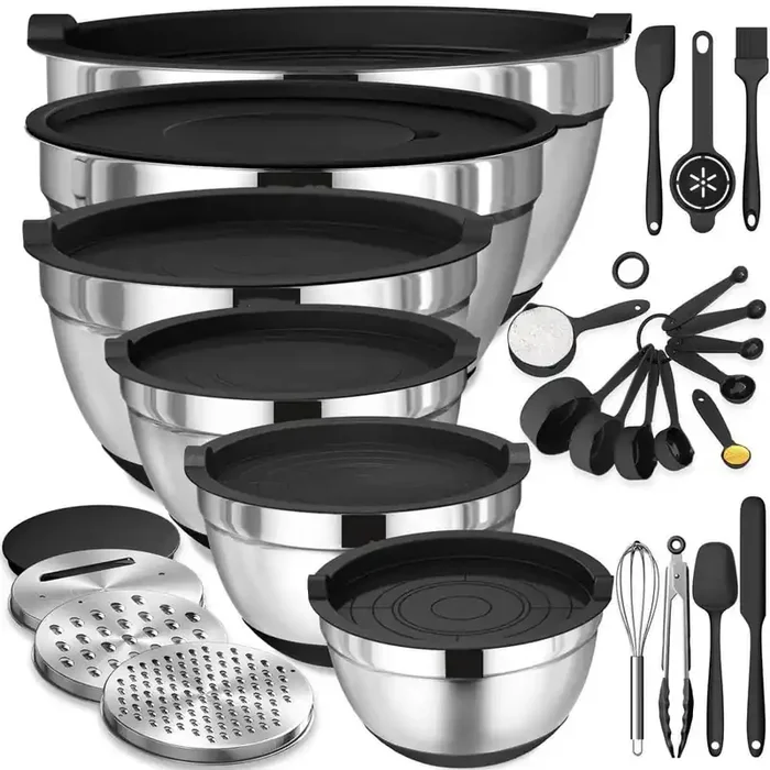 26-Piece Stainless Steel Mixing Bowls Set with Airtight Lids, Grater Attachments, Non-Slip Bottoms in Black