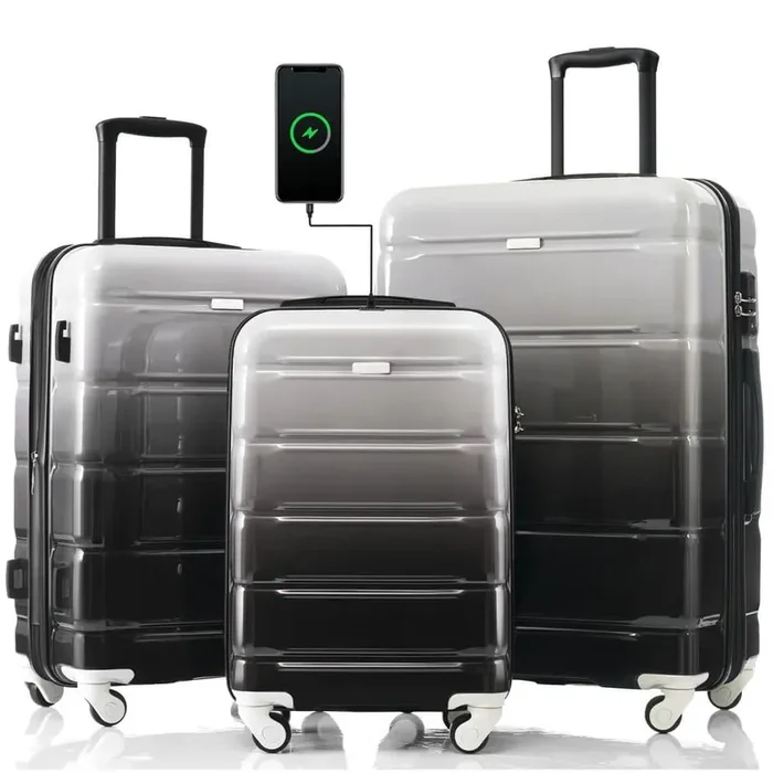 3 Bags 3-Piece Black and Gray 20, 24, 28 in. ABS Plus PC Hardshell Spinner Luggage Set with TSA Lock, USB Port (20 in.)