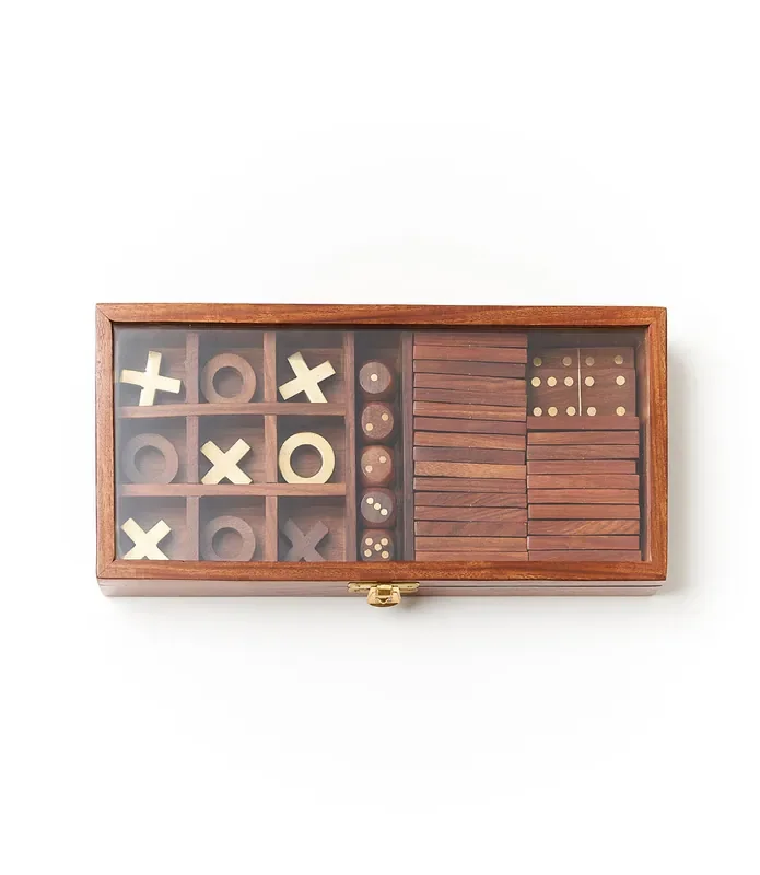 3-in-1 Game Set Dice, Dominoes, Tic Tac Toe – Handcrafted Wood