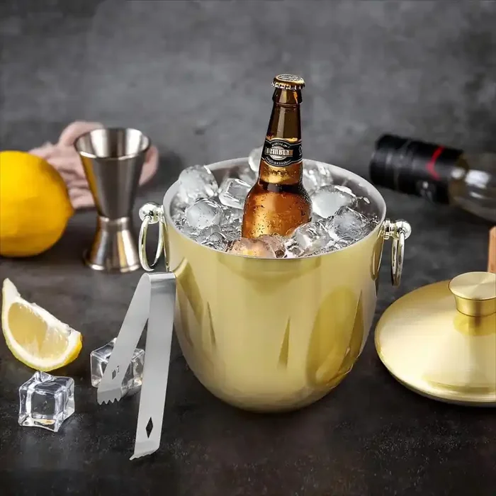 3 L Ice Buckets with Lid, Tongs and Strainer, Double Wall Stainless Steel Ice Bucket Keeps Frozen Longer, Gold