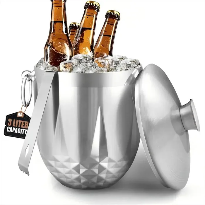 3 L Ice Buckets with Lid, Tongs and Strainer, Double Wall Stainless Steel Ice Bucket Keeps Frozen Longer, Silver