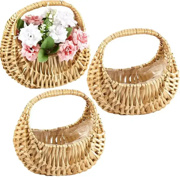 3-Pack Rattan Flower Girl Basket with Handle, Natural Half Moon Straw Wicker Basket for Wedding Flower Girl and Picnic