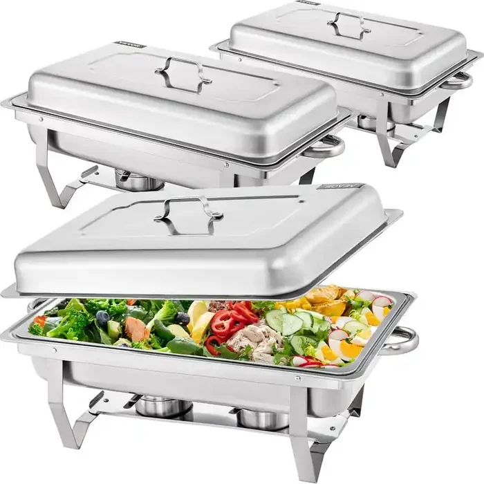 3 Packs Stainless Steel Chafing Dishes 9.5 Qt. Rectangular Chafer Complete Set with Alcohol Furnace