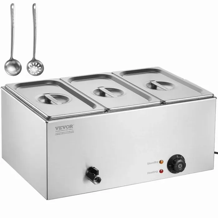 3-Pan Commercial Food Warmer, 17.4QT. Electric Steam Table, 1200W Professional Countertop Stainless Steel Buffet