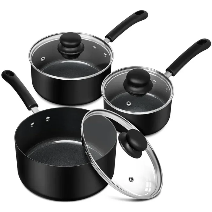3-Piece Non-Stick Aluminum Sauce Pan Set with Lid, Multi-Pot Set with 1QT, 2QT and 3QT, Black