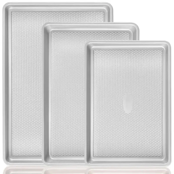 3-Piece Silver Nonstick Carbon Steel Baking Sheet Pan Set with 0.8mm Thick Heavy Duty Cookie Tray for Oven