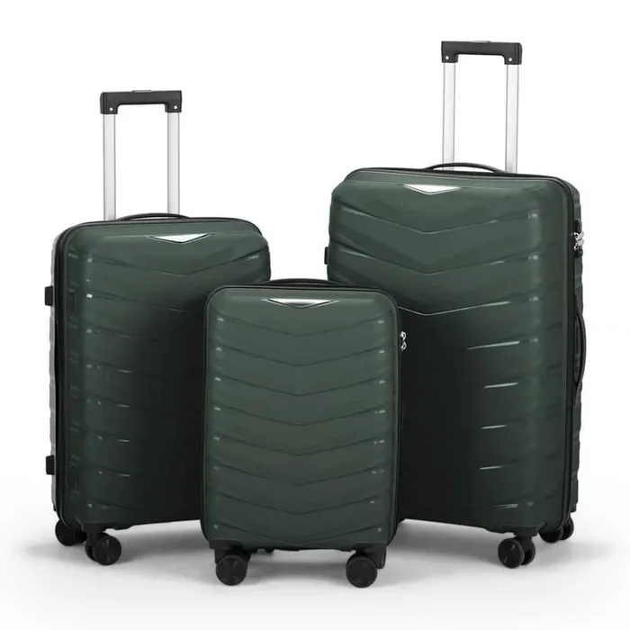3-Piece V-Stripes Dark Green 20 in., 24 in., 28 in. Tie Rods PP Luggage Set