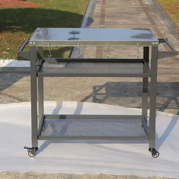 3-Shelf Outdoor Grill Table, Pantry Organizer Grill Cart Outdoor with Wheels, Pizza Oven Table and Food Prep Table, Gray