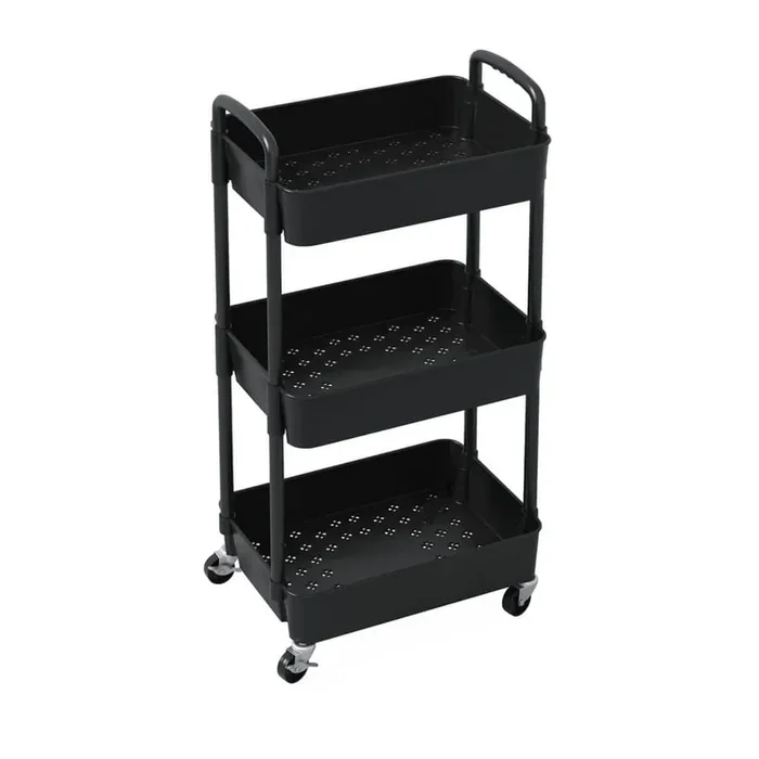3-Tier Black Plastic 15.35 in. Rolling Moveable Kitchen Cart with Handle Multi-Functional Storage for Kitchen