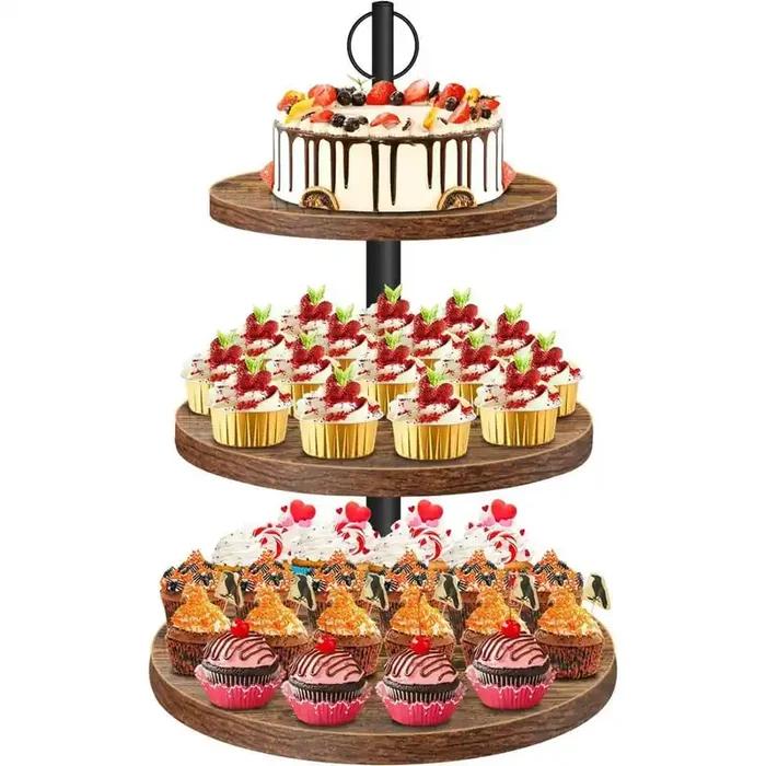 3-Tier Brown Wooden Cupcake Stand for 50 Cupcakes, Wood Cupcake Tower Cake Stand Tiered Tray Stand for Wedding Birthday