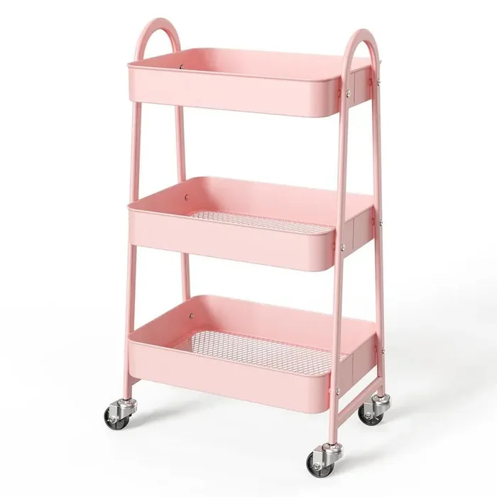 3-Tier Metal Wheeled Narrow Storage Shelf Organizer Cart in Pink (16.9 in. W x 30.9 in. H x 12.2 in. D)