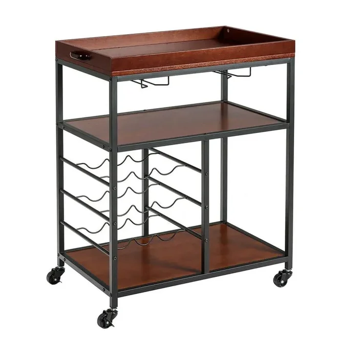 3 Tier Storage Kitchen Trolley Utility Bar Serving Cart w/Wine Rack & Glass Holder Brown