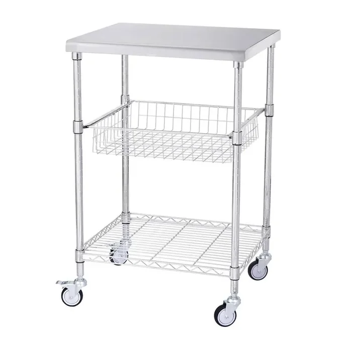 3-Tier Utility Cart Rolling Cart Silver Metal Kitchen Cart with Locking Casters 24″x 20″x 36.6″ 470 lbs. 6 Hooks