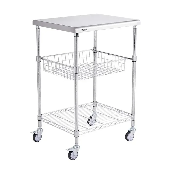 3-Tiers Kitchen Utility Cart 20 in. Wire Rolling Cart with Wheels Metal Storage Trolley with 6 Hooks Kitchen Cart,Silver