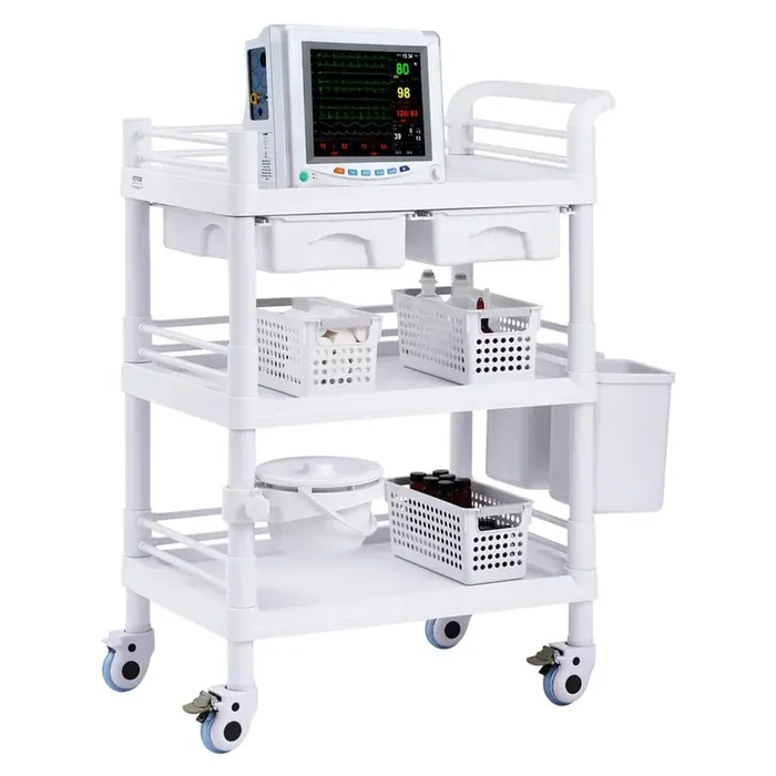 3 Tiers Lab Carts, Lab Utility Cart with 3 Trays & 4 Silent Wheels, Mobile Medical Cart, Lab Cart White Kitchen Cart