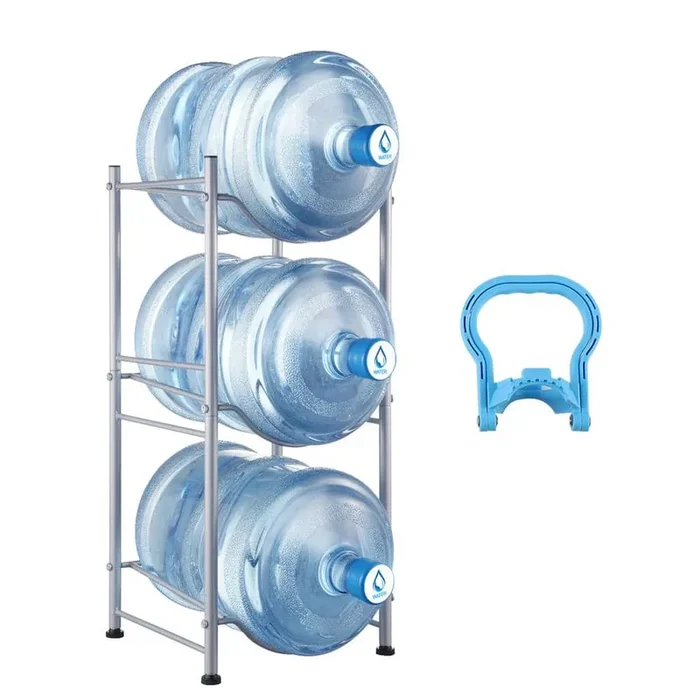 3-Tiers Water Jug Holder, 5-Gallon Water Bottle Holder, Single Row Water Bottle Rack for 3-Bottles, Heavy Duty, Silver