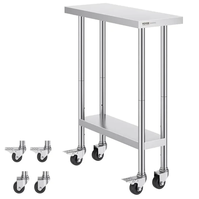 30 x 12 x 38 in. Stainless Steel Commercial Kitchen Prep Table with 4 Wheels 3 Adjustable Height Levels Silver