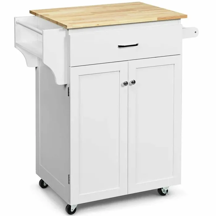 32 in. W White Rolling Kitchen Cart Island with Wood Countertop, Kitchen Cart Trolley on Wheels