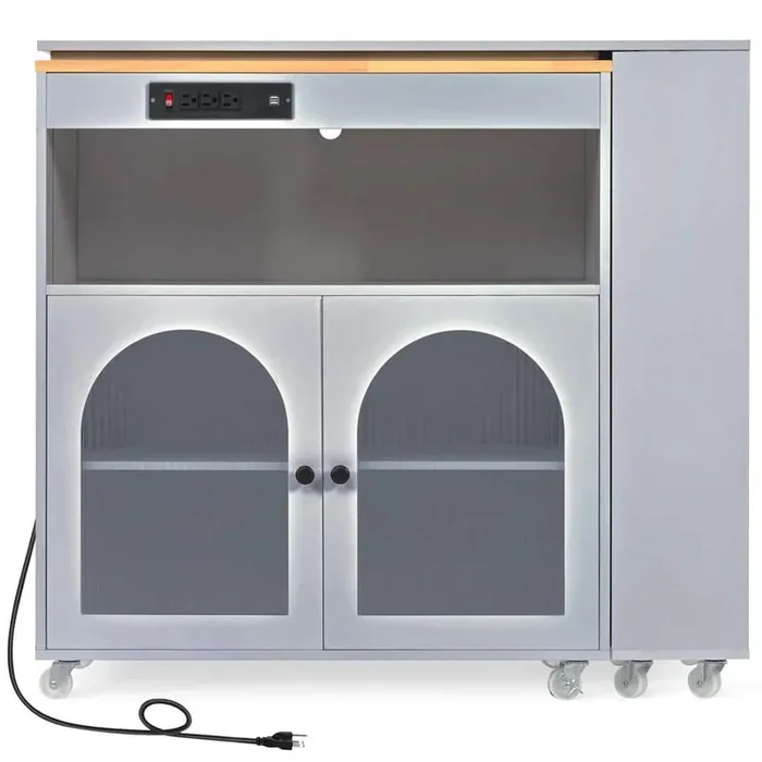 33.22 in. Rubberwood Gray Blue Kitchen Cart with Cabinets, LED Lights, Power Outlets and 2 Fluted Glass Doors