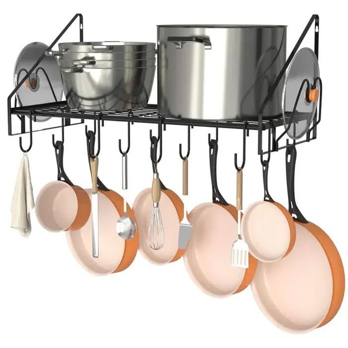 34.7 in. L x 13 in. W x 12.6 in. H Black Steel Wall Mounted Pot Rack with 12 Hooks and 2 Pot Lid Holders