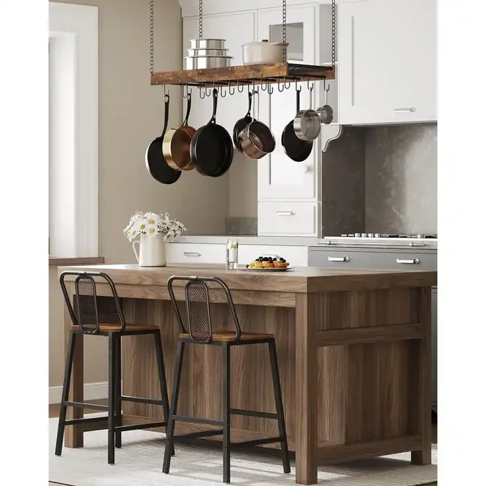 35.4 in. Rustic Brown and Black Hanging Pot Rack with 18 Hooks, Pot and Pan Hanging Rack, Ceiling Wall Mounted Pot Rack