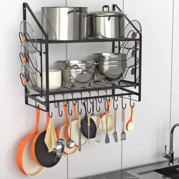 35 in. Pot Rack Wall Mounted, 2 Tier Pots and Pans Organizer with 20 Hooks and 6 Pot Lid Holders for Kitchen