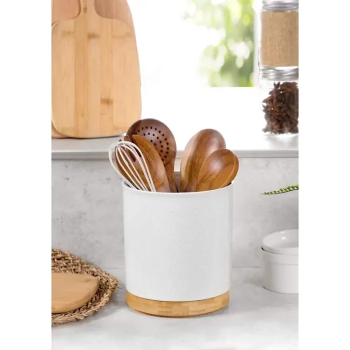 360° Rotating Utensil Holder, Sand Ceramic Cooking Utensil Organizer with Countertop-Protection Cork Bottom