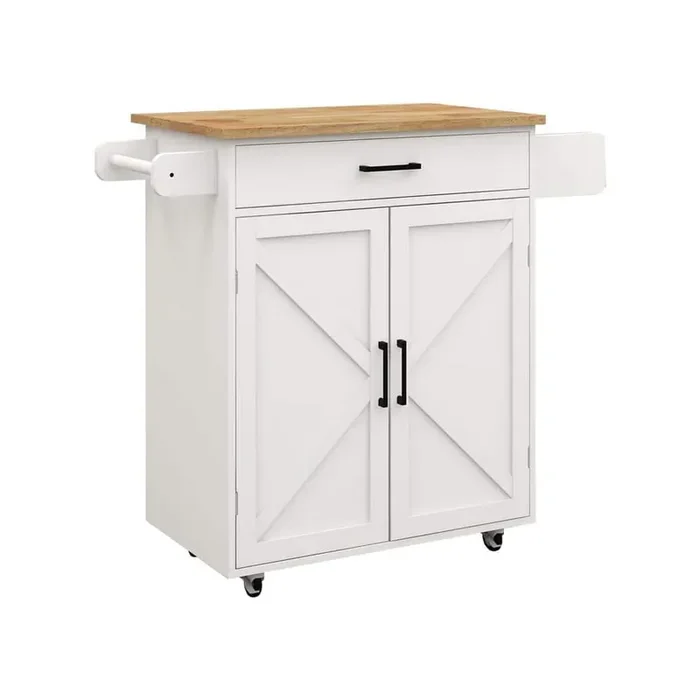 37.99 In. White Wood Kitchen Cart with Adjustable Shelves and Towel Rack Rubber Wood Table Top