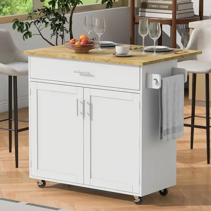 39 in. White Rubber Wood Top Kitchen Island with Drawer Divider, Internal Rack, Wheels, and Adjustable Shelf