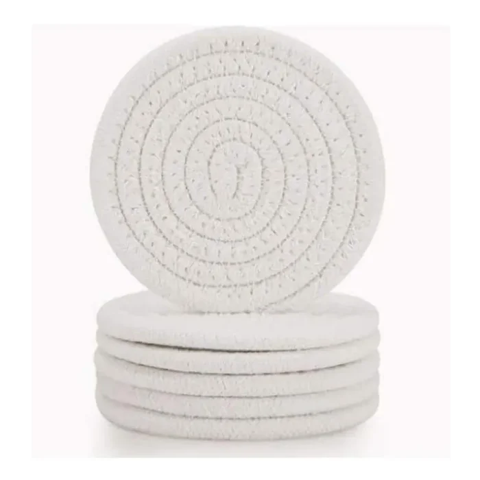 4.3 in. Handmade Round Woven Coaster for Coffee Tabletop Absorbent Drink Coaster in White (Set of 6)