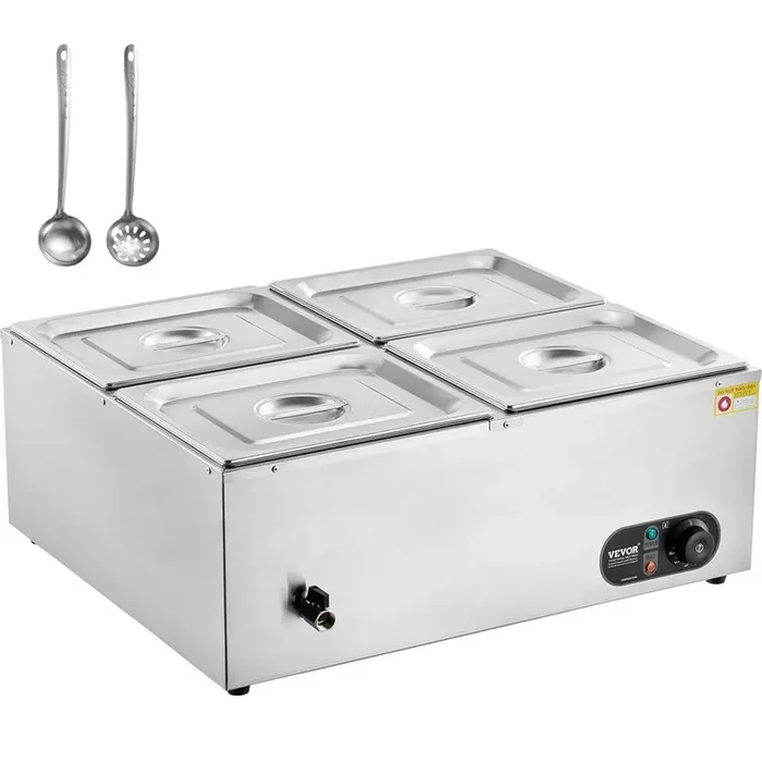 4-Pan Commercial Food Warmer, 4 qt. x 8 qt. Electric Steam Table, 1500-Watt Professional Countertop Stainless Steel