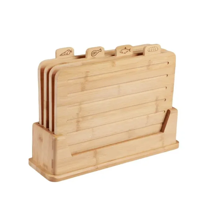 4-Piece Bamboo Cutting Board Set with Holder, Food Icons and Juice Groove, Double-Sided Eco-Friendly Chopping Boards