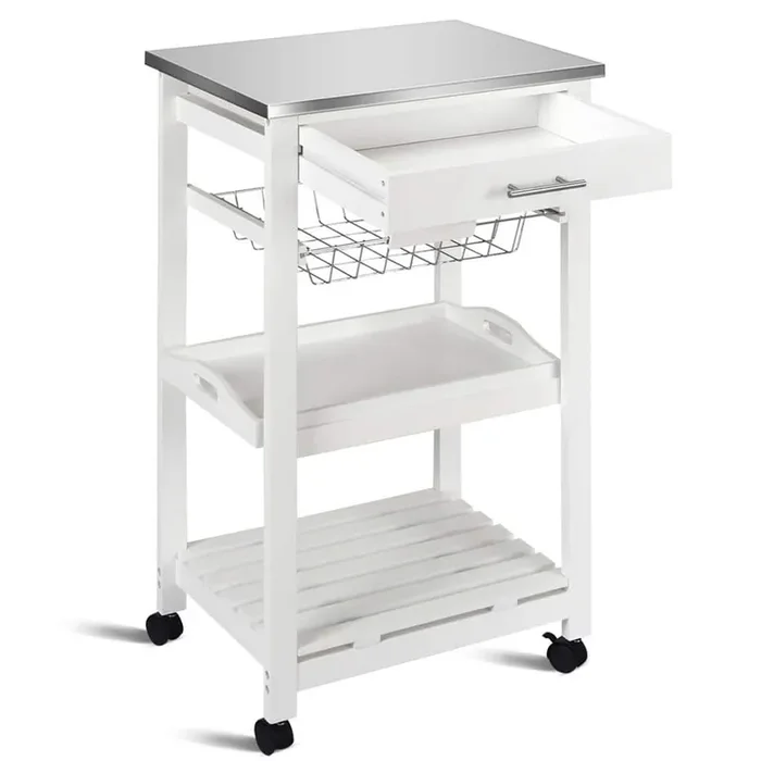 4-Tier White Rolling Kitchen Cart on Wheels with Stainless Steel Tabletop and Basket