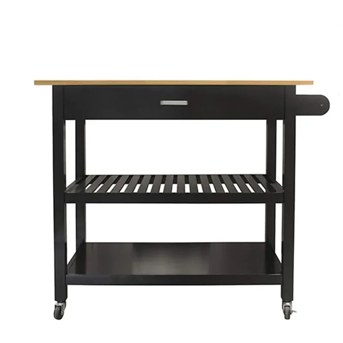 40.00 inch Black Wood Kitchen Cart with 2-Lockable Wheels, Rubber Wood Top